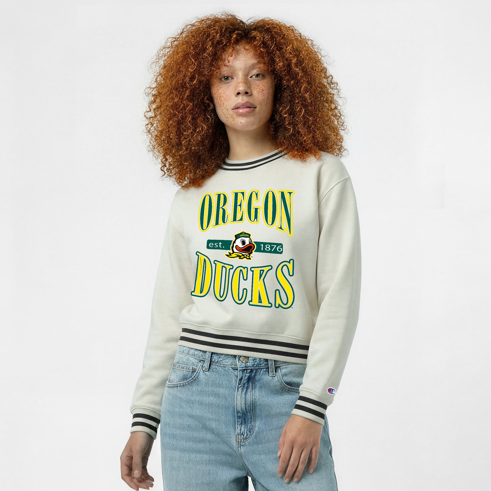 Women's Champion  White Oregon Ducks Yarn Dye Rib Reverse Weave Crew Sweatshirt
